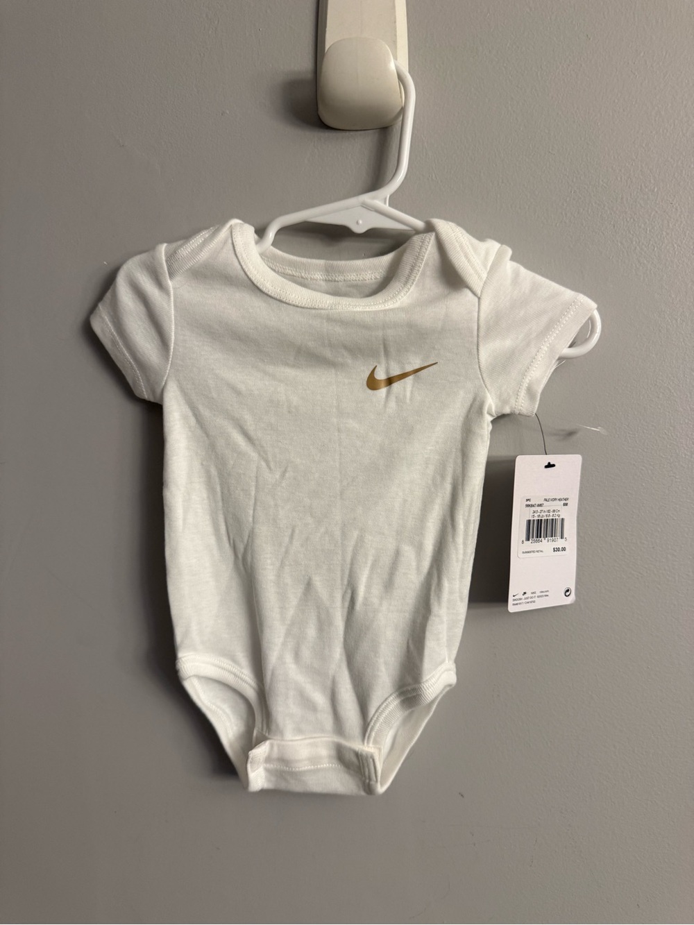 Nike Baby Bodysuit 6 Months White Gold Swoosh Short Sleeve New With Tags